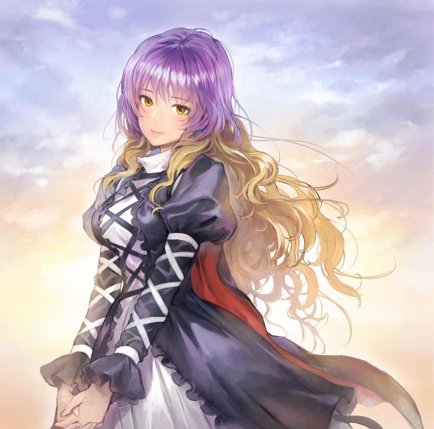1girl bangs black_cape black_dress blonde_hair blush breasts cape clouds commentary_request cowboy_shot cross-laced_clothes day dress eyebrows_visible_through_hair gradient_hair gradient_sky highres hijiri_byakuren juliet_sleeves lips long_hair long_sleeves looking_at_viewer matsuda_(matsukichi) medium_breasts multicolored_hair pink_lips puffy_sleeves purple_hair sky smile solo standing touhou v_arms wavy_hair yellow_eyes