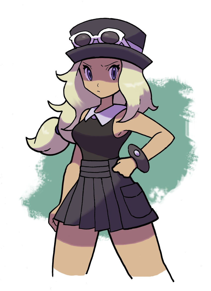 absurdres black_hat black_shirt black_skirt blonde_hair bravefarm2 breasts creatures_(company) dark_skin game_freak hat highres medium_breasts mega_ring nintendo pokemon pokemon_(game) pokemon_xy serena_(pokemon) shirt skirt sunglasses