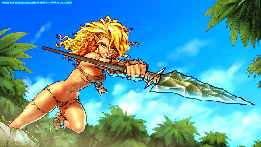1girl abs absurdres arm_warmers armlet attack bared_teeth barefoot blonde_hair blue_sky breasts cave_elf_(ronindude) cleavage day elf foreshortening highres holding holding_weapon leg_warmers long_hair medium_breasts nose original pointy_ears polearm ronindude running single_strap sky solo spear tribal watermark weapon web_address yellow_eyes