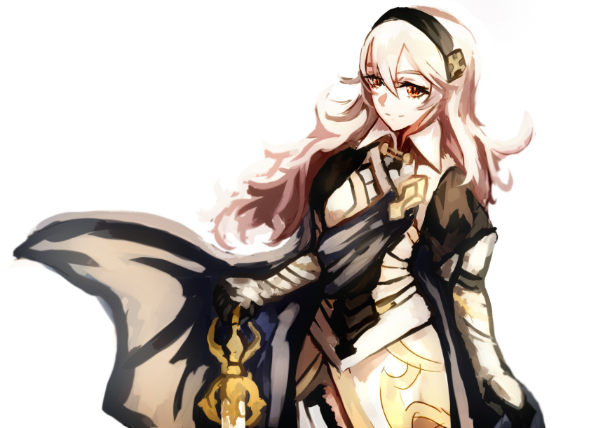 1girl armor cape female_my_unit_(fire_emblem_if) fire_emblem fire_emblem_heroes fire_emblem_if gloves highres holding holding_sword holding_weapon long_hair looking_at_viewer mpka_yt my_unit_(fire_emblem_if) nintendo red_eyes sword traditional_media watercolor_(medium) weapon white_hair