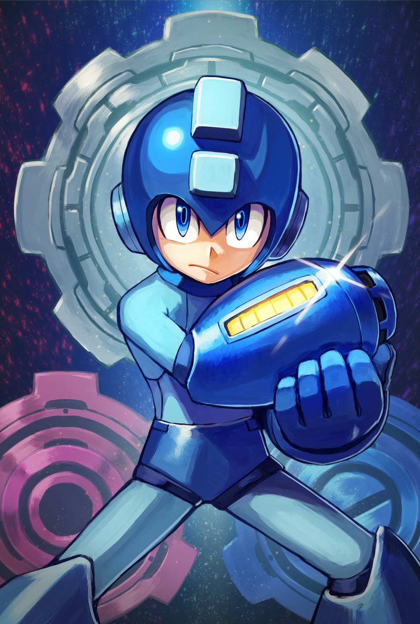 1boy android arm_cannon blue_eyes capcom commentary_request gears helmet highres kuroi_susumu legs_apart looking_at_viewer male_focus rockman rockman_(character) rockman_(classic) rockman_11 serious solo weapon