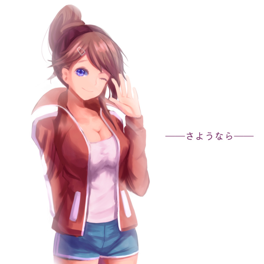 1girl ;) arm_behind_back asahina_aoi bangs blue_eyes blue_shorts breasts brown_hair candle_ent cleavage cowboy_shot dangan_ronpa dangan_ronpa_1 floating_hair hair_ornament hairclip head_tilt high_ponytail highres jacket long_hair looking_at_viewer medium_breasts one_eye_closed open_clothes open_jacket parted_bangs red_jacket shirt short_shorts shorts simple_background smile solo standing waving white_background white_shirt