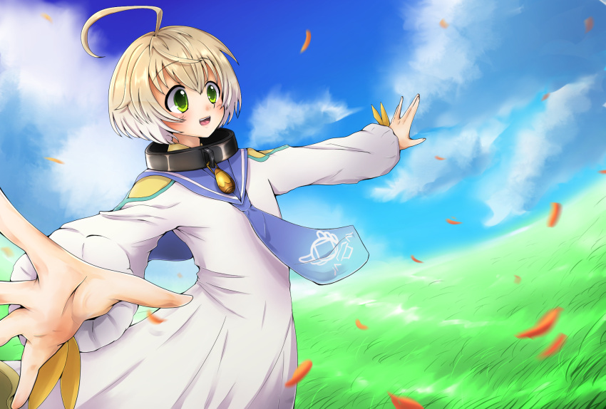 1boy ahoge akehiko_kaibara blonde_hair blush child clouds day grass green_eyes highres jewelry laphicet_(tales) leaf necklace open_mouth outdoors sailor_collar sky solo tales_of_(series) tales_of_berseria teeth
