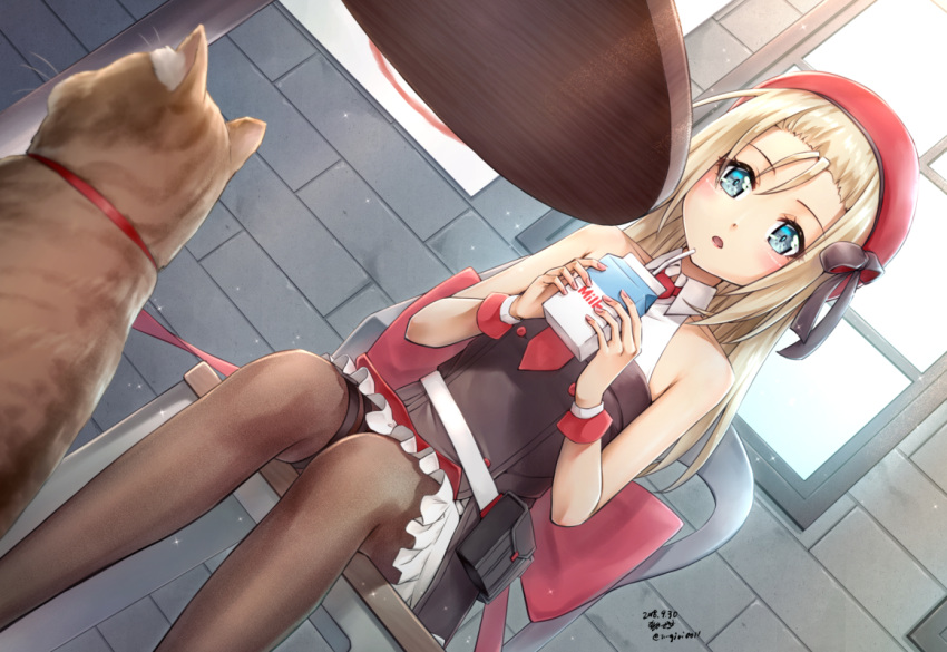 1girl animal belt_pouch beret black_legwear blonde_hair blue_eyes blush brick_wall cat chair commentary_request dated dress drinking_straw dutch_angle feet_out_of_frame forehead frilled_dress frills girls_frontline hair_ribbon hat holding indoors long_hair looking_at_viewer milk milk_carton mp5_(girls_frontline) open_mouth pantyhose pouch red_hat ribbon sarasa_(kanbi) sitting sleeveless sleeveless_dress solo table thigh_strap twitter_username window wing_collar wrist_cuffs