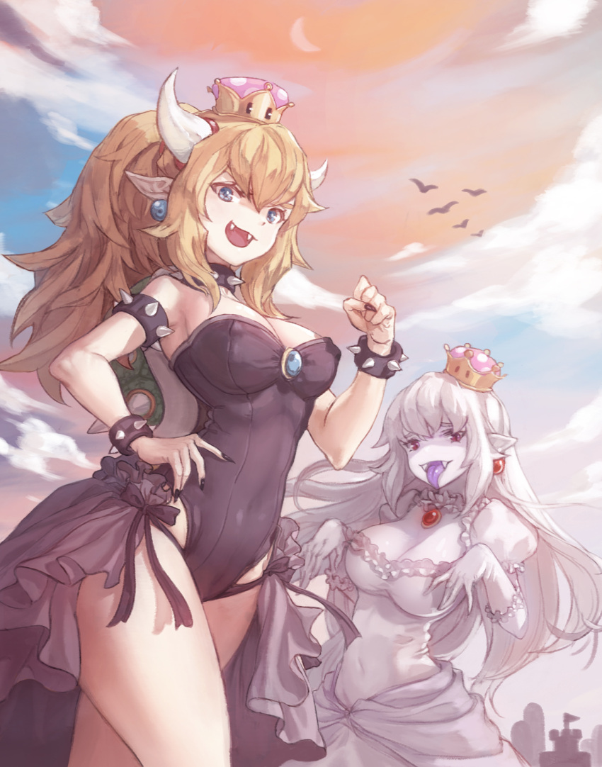 2girls :d armlet bare_shoulders bird black_leotard black_nails blonde_hair blue_eyes bowsette bracelet breasts cleavage clenched_hand clouds collar crown dress earrings fangs gloves hand_on_hip highres horns jewelry kuzel_(bonolangje) leotard long_hair looking_at_viewer luigi's_mansion super_mario_bros. medium_breasts multiple_girls nail_polish new_super_mario_bros._u_deluxe nintendo open_mouth outdoors pale_skin pointy_ears ponytail princess_king_boo puffy_short_sleeves puffy_sleeves purple_tongue red_eyes short_sleeves sly smile spiked_armlet spiked_bracelet spiked_collar spikes standing strapless strapless_leotard sunset super_crown tongue tongue_out white_dress white_gloves white_hair