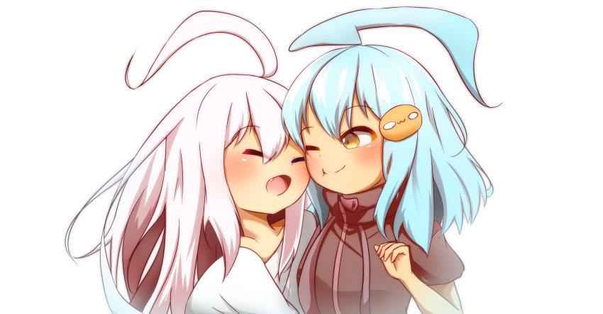 2girls :d :t ;) ;t absurdres ahoge bangs blue_hair blush brown_eyes brown_jacket closed_eyes closed_mouth commentary_request drawstring eyebrows_visible_through_hair hair_between_eyes hair_ornament highres hug idaten93 idaten93_(character) jacket long_hair multiple_girls one_eye_closed open_mouth original ruua_(idaten93) shirt short_sleeves simple_background smile upper_body white_background white_hair white_shirt zipper_pull_tab