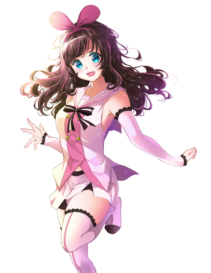 1girl :d a.i._channel absurdres blue_eyes blush boots bouquetforangel brown_hair detached_sleeves floating_hair hairband head_tilt highlights highres kizuna_ai leg_up long_hair looking_at_viewer miniskirt multicolored_hair neck_ribbon open_mouth pink_hairband pleated_skirt ribbon shirt simple_background skirt sleeveless sleeveless_shirt smile solo standing standing_on_one_leg striped striped_ribbon thigh-highs thigh_boots virtual_youtuber white_background white_footwear white_skirt zettai_ryouiki