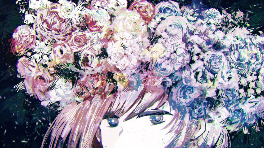 1girl abstract blue_flower blue_rose close-up face flower flower_wreath hair_between_eyes hair_ornament highres looking_at_viewer megurine_luka meola multicolored multicolored_eyes muted_color out_of_frame pink_flower pink_hair pink_rose red_flower red_rose rose solo tagme vocaloid white_flower white_rose wreath yellow_flower yellow_rose