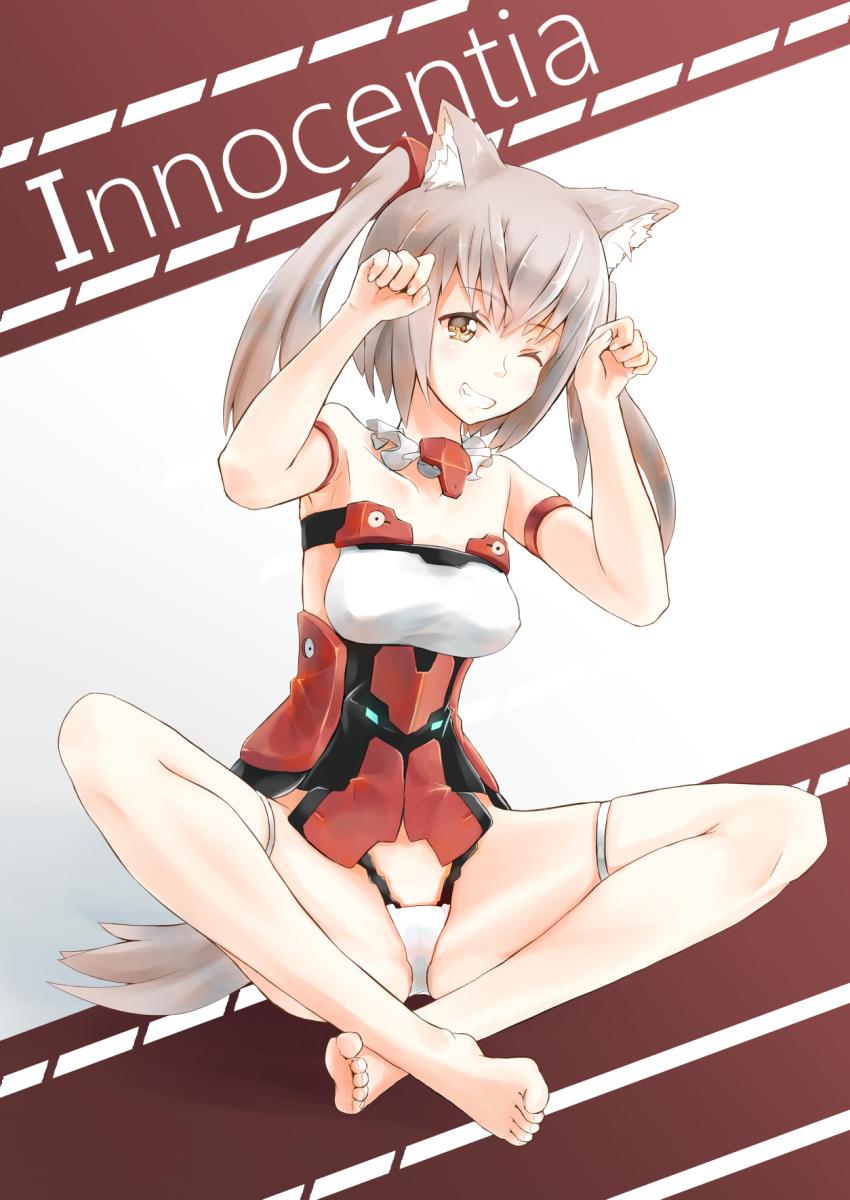 10s 1girl animal_ears arm_strap armor arms_up bangs bare_shoulders barefoot breasts character_name collarbone corset detached_collar dog_ears dog_tail eyebrows_visible_through_hair feet frame_arms_girl full_body grey_hair grin highres indian_style innocentia long_hair mecha_musume no_pants one_eye_closed panties paw_pose pink_eyes pink_hair sitting small_breasts smile solo tail toes twintails underwear white_panties yellow_eyes yilan_(z2256721) yilan_un