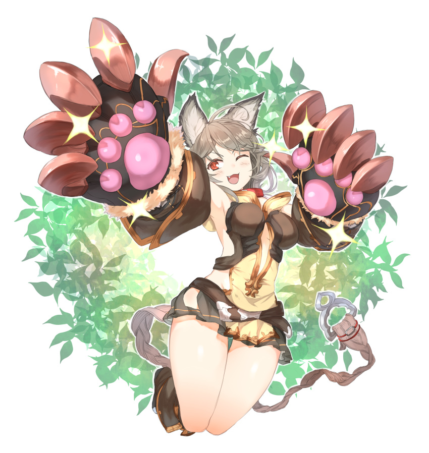 10s 1girl ;d animal_ears bangs blush breasts center_opening claw_(weapon) claws collar erun_(granblue_fantasy) eyebrows eyebrows_visible_through_hair fang ganesagi granblue_fantasy grey_hair highres hip_vent jumping large_breasts looking_at_viewer one_eye_closed open_mouth red_eyes sen_(granblue_fantasy) short_hair skirt smile solo weapon