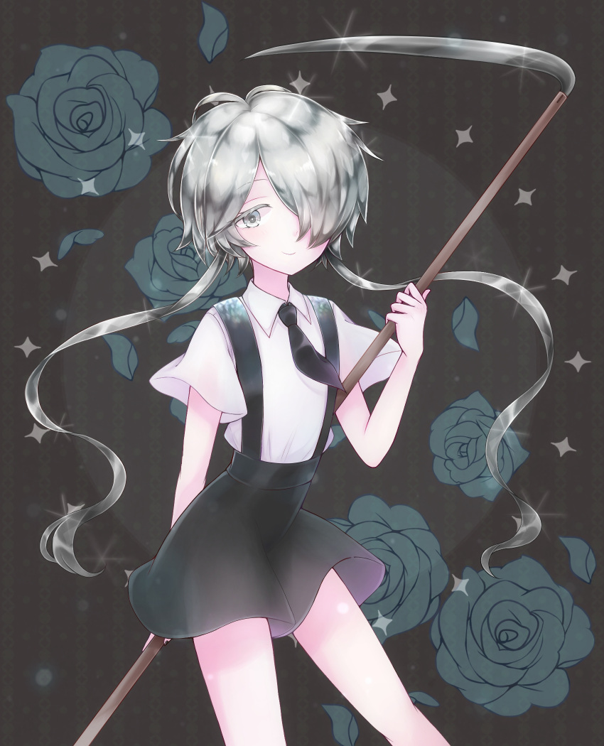 1other androgynous colored_eyelashes crystal_hair floral_background gem_uniform_(houseki_no_kuni) ghost_quartz_(houseki_no_kuni) grey_eyes grey_hair hair_over_one_eye highres houseki_no_kuni kanade_00xx looking_at_viewer necktie nekotamago scythe short_hair_with_long_locks smile solo suspenders weapon