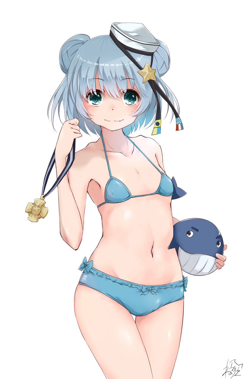 1girl absurdres alternate_costume aqua_bikini aqua_eyes bikini blue_hair blush breasts closed_mouth double_bun eyebrows_visible_through_hair hair_between_eyes hat highres kantai_collection long_hair looking_at_viewer neve sailor_hat samuel_b._roberts_(kantai_collection) simple_background small_breasts solo swimsuit whale white_background