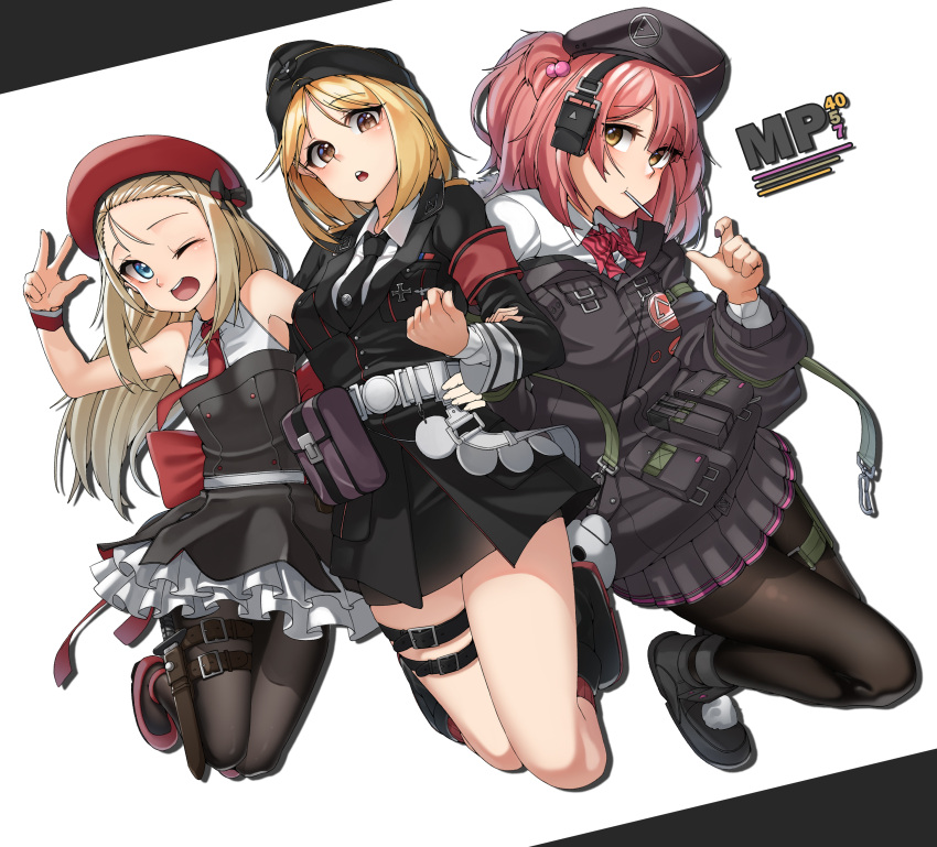 3girls absurdres armband beret blonde_hair blue_eyes brown_eyes candy dagger dress food frilled_dress frills garrison_cap girls_frontline hat headset highres iron_cross leeb3397 lollipop long_hair mp40_(girls_frontline) mp5_(girls_frontline) mp7_(girls_frontline) multiple_girls necktie one_eye_closed pantyhose pink_hair pouch sheath sheathed short_hair sleeveless v weapon white_background