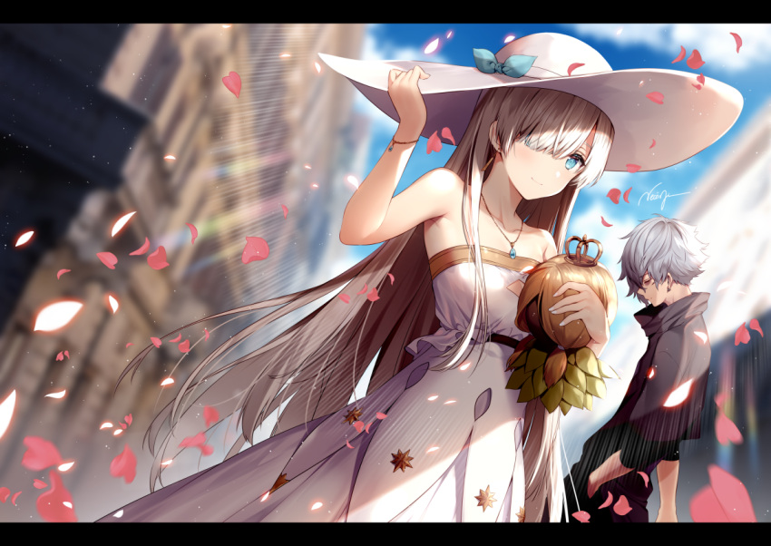 1boy 1girl anastasia_(fate/grand_order) bangs bare_shoulders blue_eyes blurry blurry_background blush bracelet breasts cape city closed_mouth commentary_request crown doll dress eyebrows_visible_through_hair fate/grand_order fate_(series) grey_hair hair_between_eyes hair_over_one_eye hat holding jewelry kadoc_zemlupus letterboxed light_rays long_hair long_sleeves looking_at_viewer medium_breasts mini_crown necklace necomi outdoors petals sapphire_(stone) short_hair signature silver_hair smile standing strapless strapless_dress sun_hat sunlight very_long_hair white_dress white_hat