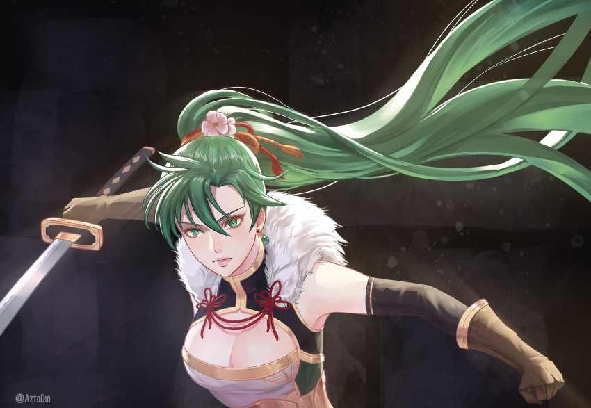 1girl breasts cleavage_cutout earrings fire_emblem fire_emblem:_rekka_no_ken fire_emblem_heroes flower fur_collar gloves green_eyes green_hair hair_flower hair_ornament highres holding holding_sword holding_weapon jewelry katana large_breasts looking_at_viewer lyndis_(fire_emblem) nintendo ponytail solo sword weapon