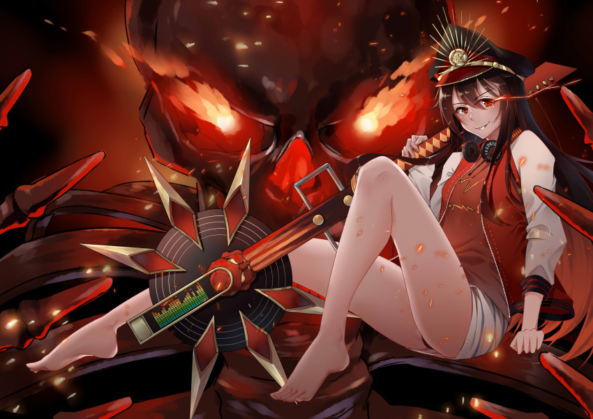 1girl absurdres bangs bare_legs barefoot bikini bikini_bottom bikini_under_clothes black_bikini_bottom black_hair burning_eyes commentary_request eyebrows_visible_through_hair fate/grand_order fate_(series) fire gradient_hair guitar hair_between_eyes hand_up head_tilt headphones headphones_around_neck headset highres instrument jacket koha-ace letterman_jacket long_hair long_sleeves looking_at_viewer multicolored_hair oda_nobunaga_(fate) oda_nobunaga_(swimsuit_berserker)_(fate) oversized_object red_eyes red_shirt redhead shirt sitting skirt skull solo swimsuit very_long_hair white_skirt yiyu_qing_mang