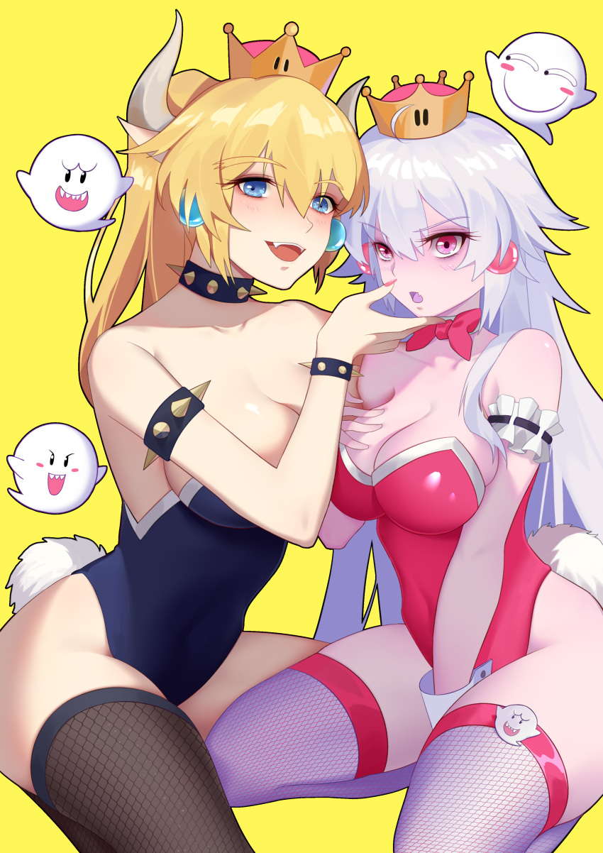 &gt;:o 2girls :d :o absurdres adapted_costume ahoge alternate_costume arm_garter armlet bangs between_legs black_legwear black_leotard blue_eyes blush blush_stickers boo bow bowsette bowtie bracelet breasts bunny_girl bunny_tail bunnysuit chinese_commentary cleavage closed_mouth collar collarbone covered_navel crown earrings eyebrows_visible_through_hair eyeshadow fake_tail fangs female finger_to_chin fishnet_legwear fishnets ghost ghost_girl grey_horns grey_legwear grimace hair_between_eyes hand_between_legs hand_on_another's_chin hand_on_own_chest hand_up highleg highleg_leotard highres jewelry large_breasts leotard long_hair looking_at_viewer makeup super_mario_bros. monster_girl multiple_girls neck new_super_mario_bros._u_deluxe nintendo open_mouth pink_bow pink_eyes pink_leotard pink_neckwear pointy_ears ponytail princess_king_boo seiza serious sharp_teeth shi_ling_yu shiny shiny_hair silver_hair simple_background sitting smile spiked_armlet spiked_bracelet spiked_collar spikes strapless strapless_leotard super_crown tail teeth thick_eyebrows thighs upper_teeth v-shaped_eyebrows very_long_hair white_hair wrist_cuffs yellow_background yuri