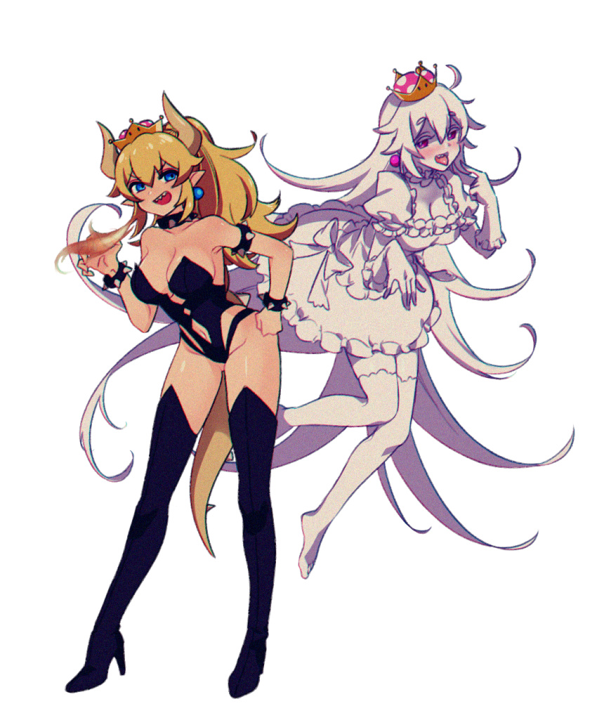 2girls absurdly_long_hair adapted_costume angellyuna ass_visible_through_thighs bangs bare_shoulders black_footwear black_leotard blonde_hair blue_earrings blue_eyes blush boots bowsette bracelet breasts breathing_fire choker chromatic_aberration claw_pose cleavage clenched_hand collar dress elbow_gloves eyebrows_visible_through_hair finger_to_mouth fire floating frilled_choker frilled_dress frilled_gloves frilled_legwear frills full_body ghost_pose gloves hair_between_eyes half-closed_eyes hand_up high_heel_boots high_heels highleg highleg_leotard highres hips horns jewelry large_breasts leotard long_hair long_ponytail looking_at_viewer luigi's_mansion super_mario_bros. medium_breasts multiple_girls navel new_super_mario_bros._u_deluxe nintendo no_shoes pale_skin pink_earrings pink_eyes pointy_ears princess_king_boo puffy_short_sleeves puffy_sleeves revealing_cutout sharp_teeth shiny shiny_hair shiny_skin short_eyebrows short_sleeves sidelocks simple_background smile spiked_bracelet spiked_collar spikes standing strapless strapless_leotard super_crown teeth thigh-highs thigh_boots thighs toes tongue tongue_out twitter_username very_long_hair white_background white_choker white_gloves white_hair white_legwear white_skin wide_ponytail