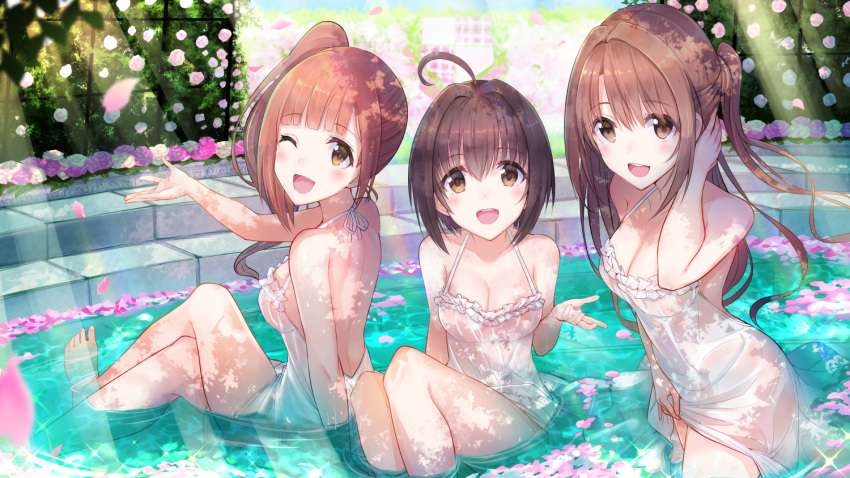 3girls :d ahoge alternate_costume bare_arms bare_legs bare_shoulders barefoot blush bow breasts brown_eyes brown_hair bush cleavage collarbone commentary_request day dress dress_lift eyebrows_visible_through_hair flower from_side garden hair_bow hair_flip half_updo halter_top halterneck idolmaster idolmaster_cinderella_girls igarashi_kyouko kohinata_miho long_hair looking_at_viewer medium_breasts multiple_girls one_eye_closed one_side_up open_mouth outdoors partially_submerged petals petals_on_liquid pink_check_school pink_flower pink_rose pool red_flower red_rose revision ripples rose rose_petals see-through shimamura_uzuki shiny shiny_skin short_hair side_ponytail sidelocks sitting smile sunlight u_rin wading water wet wet_clothes white_dress