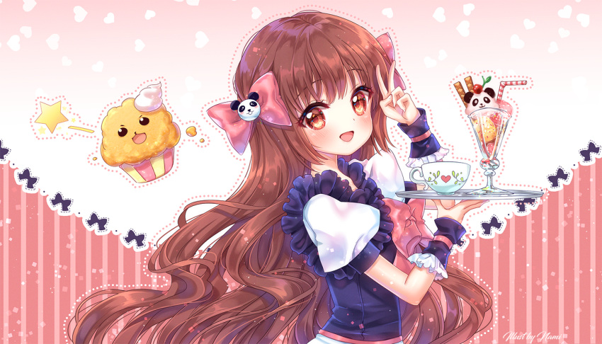 1girl :d arm_up bangs bendy_straw blush bow brown_hair commentary cup drinking_straw english_commentary eyebrows_visible_through_hair fingernails food gradient gradient_background hair_bow head_tilt heart holding holding_tray long_hair looking_at_viewer looking_to_the_side muffin natsumii_chan open_mouth original panda parfait pink_background pink_bow puffy_short_sleeves puffy_sleeves purple_shirt shirt short_sleeves smile solo star striped teacup tray upper_body v vertical_stripes very_long_hair white_background wrist_cuffs