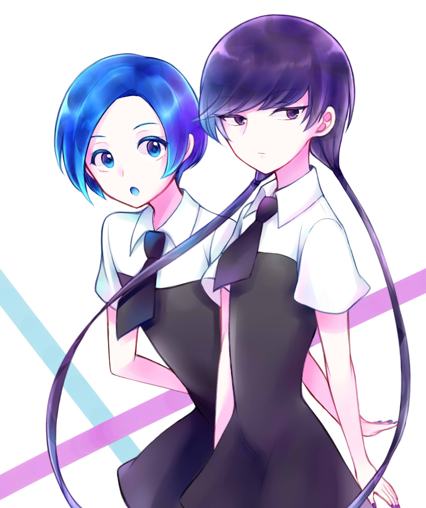 2others absurdres androgynous benitoite_(houseki_no_kuni) blue_eyes blue_hair colored_eyelashes crystal_hair gem_uniform_(houseki_no_kuni) highres houseki_no_kuni long_hair looking_at_viewer low_twintails multiple_others nekotamago neptunite_(houseki_no_kuni) twintails