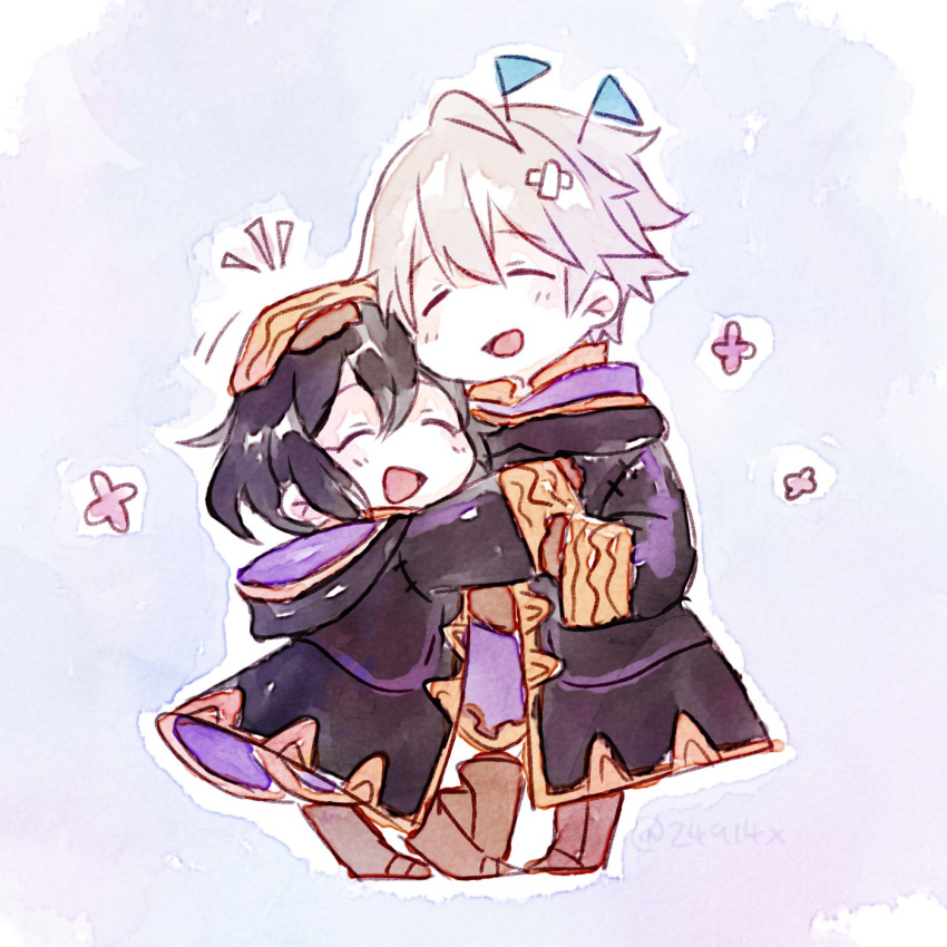 1boy 1girl black_hair chibi closed_eyes father_and_daughter fire_emblem fire_emblem:_kakusei fire_emblem_heroes flag hand_on_another's_head highres hood hood_down hug long_sleeves male_my_unit_(fire_emblem:_kakusei) mark_(female)_(fire_emblem) mark_(fire_emblem) my_unit_(fire_emblem:_kakusei) nintendo open_mouth robe short_hair standing white_hair xin_(24914)