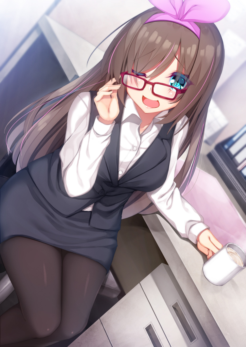 1girl a.i._channel adjusting_eyewear alternate_costume bangs bespectacled black_legwear black_skirt black_vest blue_eyes blurry blurry_background breasts brown_hair buttons chair chikuwabuta coffee coffee_mug collared_shirt colored_eyelashes commentary_request cup depth_of_field desk dress_shirt dutch_angle eyebrows_visible_through_hair feet_out_of_frame file_cabinet glasses hairband highres kizuna_ai long_hair long_sleeves looking_at_viewer medium_breasts mug multicolored_hair office_lady on_chair one_eye_closed open_mouth pantyhose pencil_skirt pink_hair pink_hairband red-framed_eyewear shirt sitting skirt slit_pupils smile solo steam streaked_hair swept_bangs vest virtual_youtuber white_shirt wing_collar