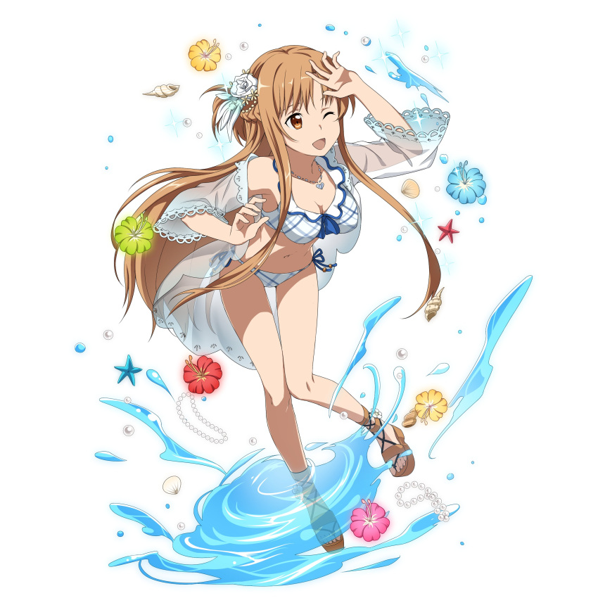 1girl ;d absurdres arm_up asuna_(sao) bikini blue_flower blue_ribbon breasts brown_eyes brown_hair cleavage feathers feet floating_hair flower front-tie_bikini front-tie_top full_body green_flower hair_feathers hair_flower hair_ornament heart heart_necklace hibiscus highres leaning_forward leg_up long_hair medium_breasts navel official_art one_eye_closed open_mouth pink_flower red_flower ribbon rose see-through side-tie_bikini simple_background smile solo swimsuit sword_art_online sword_art_online:_code_register toes very_long_hair water white_background white_bikini white_feathers white_flower white_rose yellow_flower