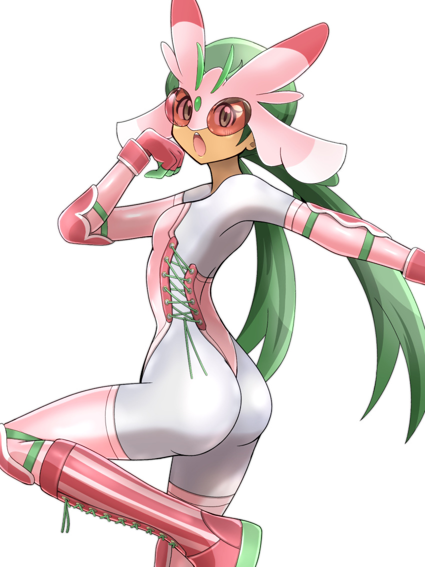 1girl absurdres ass big_hair bodysuit boots chestnut_mouth corset cosplay creatures_(company) game_freak gen_7_pokemon green_eyes green_hair highres lurantis lurantis_(cosplay) mallow_(pokemon) nintendo pokemon pokemon_(game) pokemon_sm shoukin500 solo