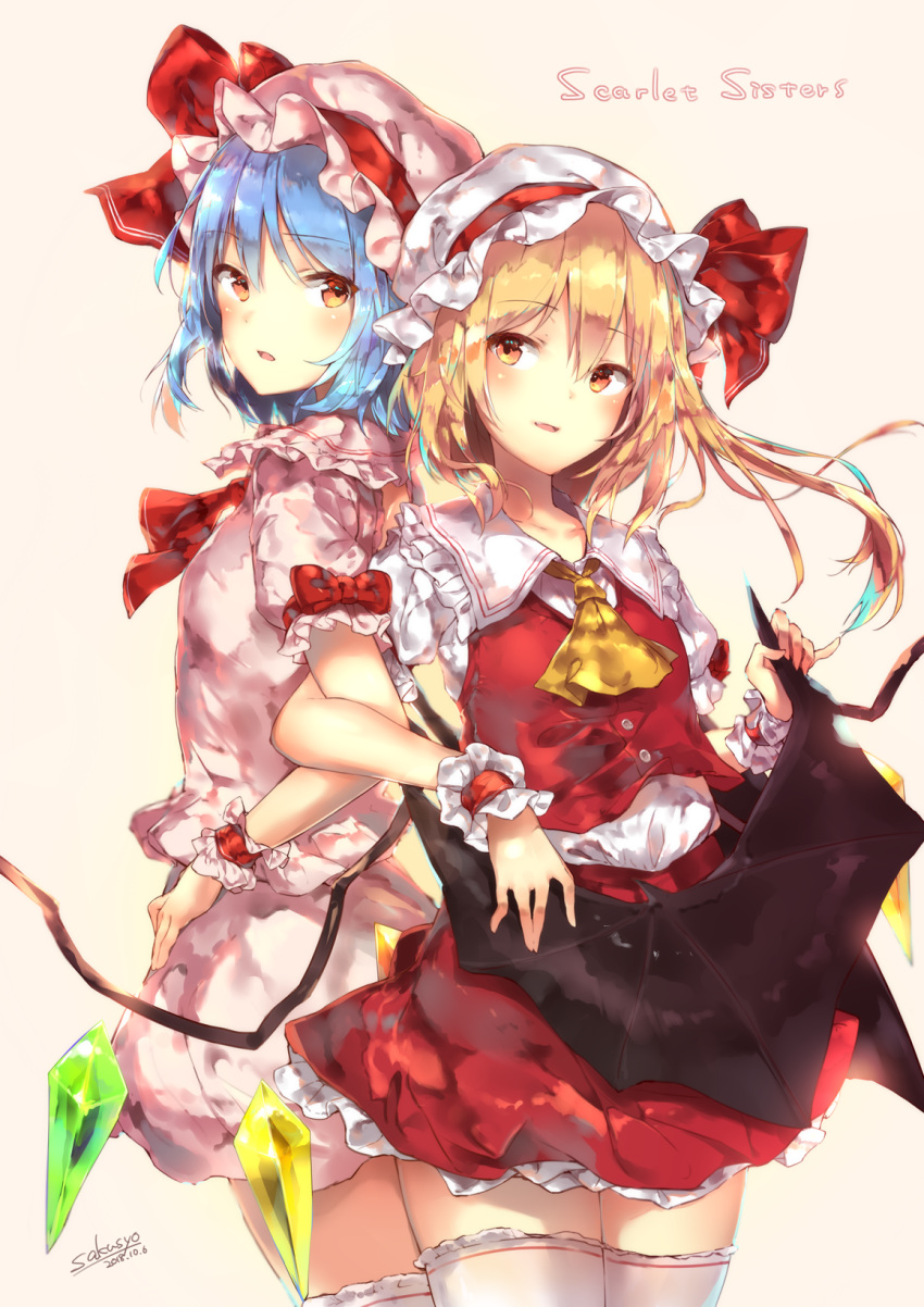 2girls artist_name ascot bangs bat_wings beige_background blonde_hair blue_hair blush bow breasts collarbone commentary_request cowboy_shot crystal dated dress eyebrows_visible_through_hair flandre_scarlet frilled_shirt_collar frills hair_between_eyes hat hat_ribbon head_tilt highres locked_arms long_hair looking_at_another looking_at_viewer miniskirt mob_cap multiple_girls one_side_up petticoat pink_dress pink_hat puffy_short_sleeves puffy_sleeves red_bow red_eyes red_neckwear red_ribbon red_skirt red_vest remilia_scarlet ribbon sakusyo shirt short_dress short_hair short_sleeves siblings signature simple_background sisters skirt skirt_set small_breasts smile standing thigh-highs touhou vest white_hat white_legwear white_shirt wing_grab wings wrist_cuffs yellow_neckwear zettai_ryouiki