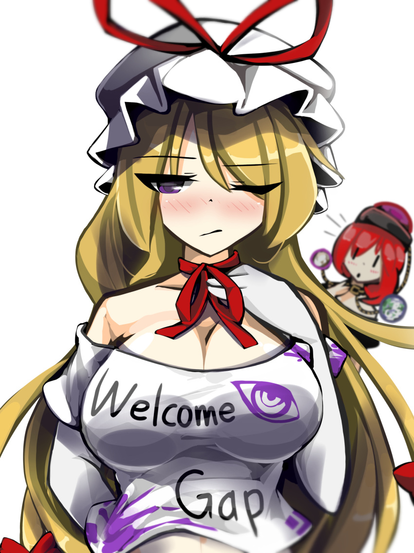 2girls bare_shoulders black_shirt blonde_hair blush breasts chains choker cleavage closed_mouth clothes_writing elbow_gloves embarrassed eyebrows_visible_through_hair eyes gloves hair_ribbon hand_up hands hat hat_ribbon hecatia_lapislazuli highres kaliningradg large_breasts long_hair looking_at_viewer mob_cap multiple_girls one_eye_closed open_mouth planet polos_crown redhead ribbon shirt simple_background standing touhou upper_body violet_eyes white_background white_shirt yakumo_yukari