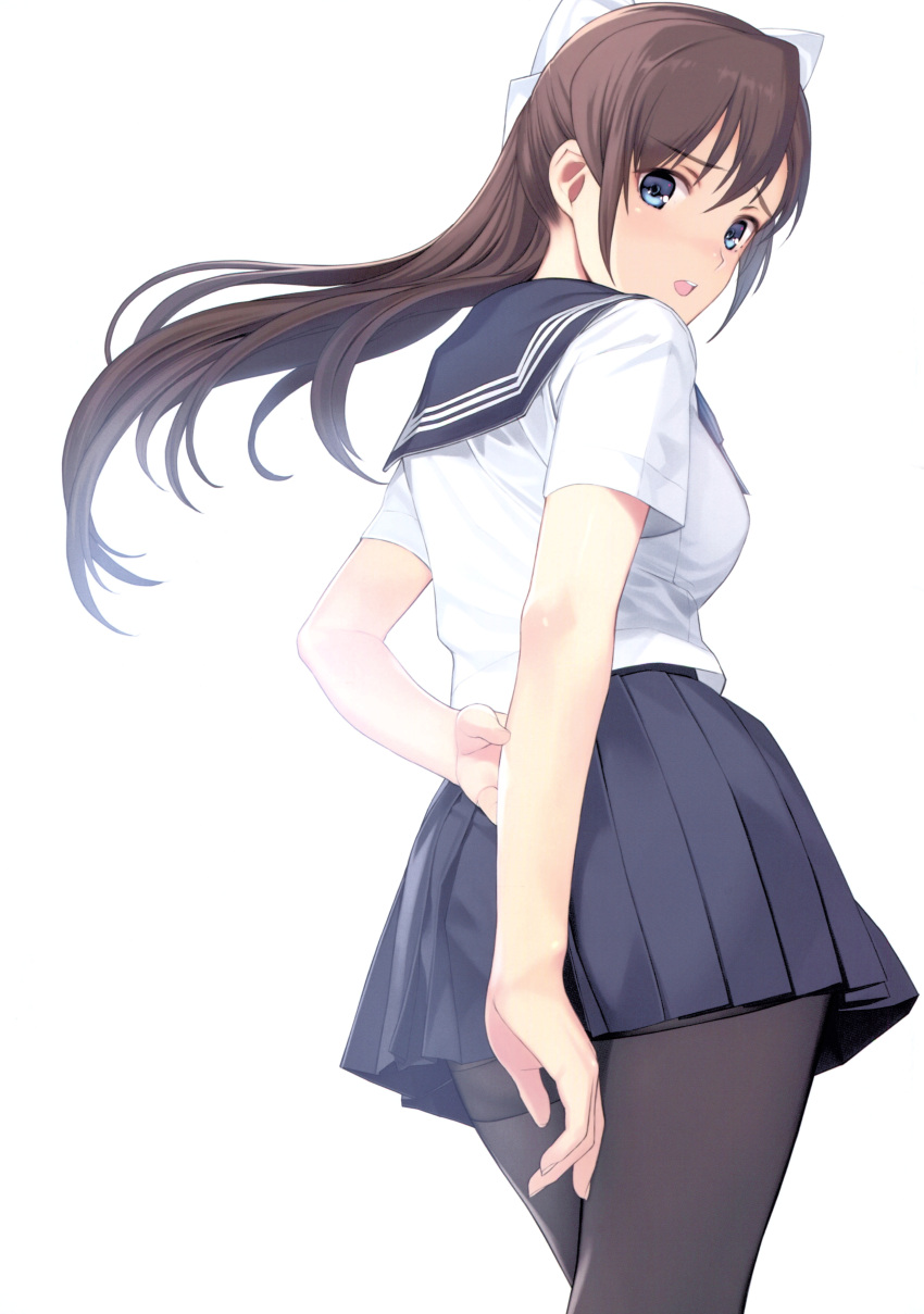 1girl absurdres bangs blue_eyes blush bow breasts brown_hair eyebrows_visible_through_hair from_behind hair_bow highres long_hair looking_at_viewer looking_back medium_breasts mibu_natsuki open_mouth original pantyhose pleated_skirt scan school_uniform short_sleeves simple_background skirt solo white_background