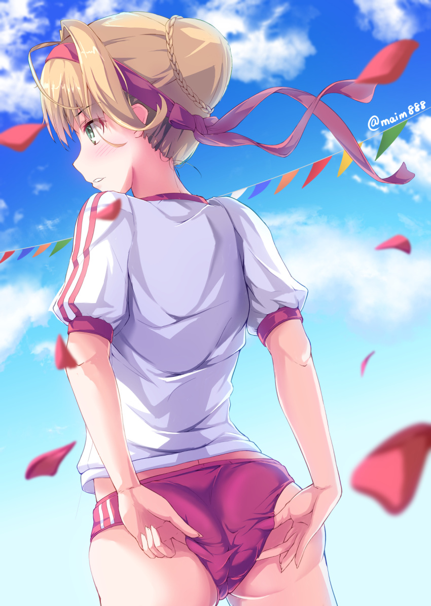 1girl adjusting_buruma adjusting_clothes ahoge ass bangs blonde_hair blue_sky blurry blurry_foreground blush braid buruma clouds cloudy_sky commentary_request crown_braid day depth_of_field dutch_angle eyebrows_visible_through_hair fate/extra fate_(series) from_behind green_eyes grey_shirt gym_shirt gym_uniform hair_between_eyes hair_bun hair_intakes headband highres kudou_maimu light_brown_hair looking_away nero_claudius_(fate) nero_claudius_(fate)_(all) outdoors parted_lips pennant petals profile puffy_short_sleeves puffy_sleeves red_buruma red_headband shirt short_sleeves sidelocks sky solo standing string_of_flags tied_hair twitter_username white_shirt