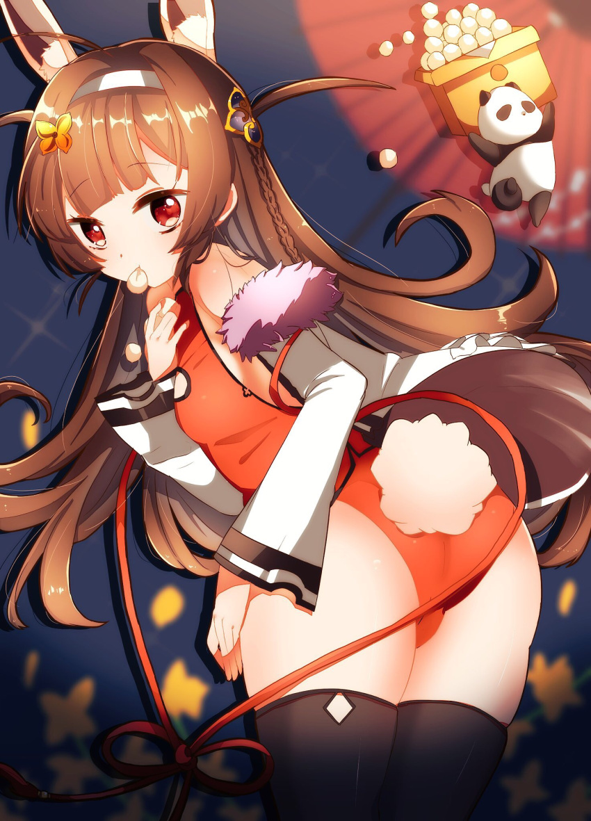 1girl ahoge animal animal_ear_fluff animal_ears ass azur_lane bangs bare_shoulders black_legwear braid breasts brown_hair bunny_girl bunny_tail commentary_request eyebrows_visible_through_hair food_in_mouth fur-trimmed_jacket fur_trim hairband highres jacket kemonomimi_mode leotard long_hair long_sleeves looking_at_viewer looking_back mouth_hold off_shoulder panda ping_hai_(azur_lane) rabbit_ears red_eyes red_leotard sakura1704 side_braid single_braid small_breasts solo tail thigh-highs very_long_hair white_hairband white_jacket wide_sleeves