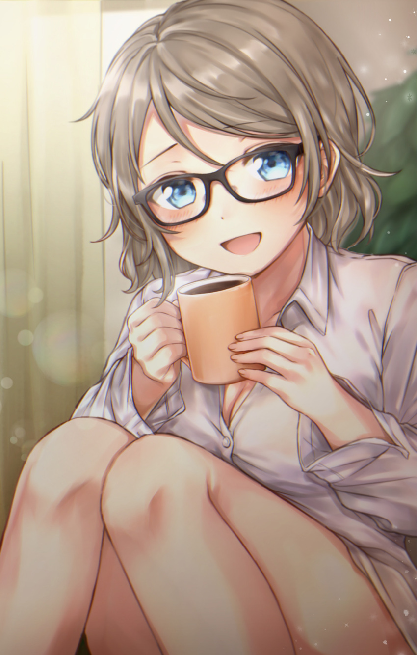 1girl :d bangs bare_legs bespectacled black-framed_eyewear blue_eyes breasts brown_hair cleavage coffee coffee_mug collared_shirt cup curtains dress_shirt eyebrows_visible_through_hair feet_out_of_frame glasses grey_shirt highres holding holding_cup indoors knees_together_feet_apart knees_up long_sleeves looking_at_viewer love_live! love_live!_sunshine!! medium_breasts medium_hair mkzk_nagi mug no_pants open_mouth shirt sitting smile solo sparkle swept_bangs watanabe_you wing_collar