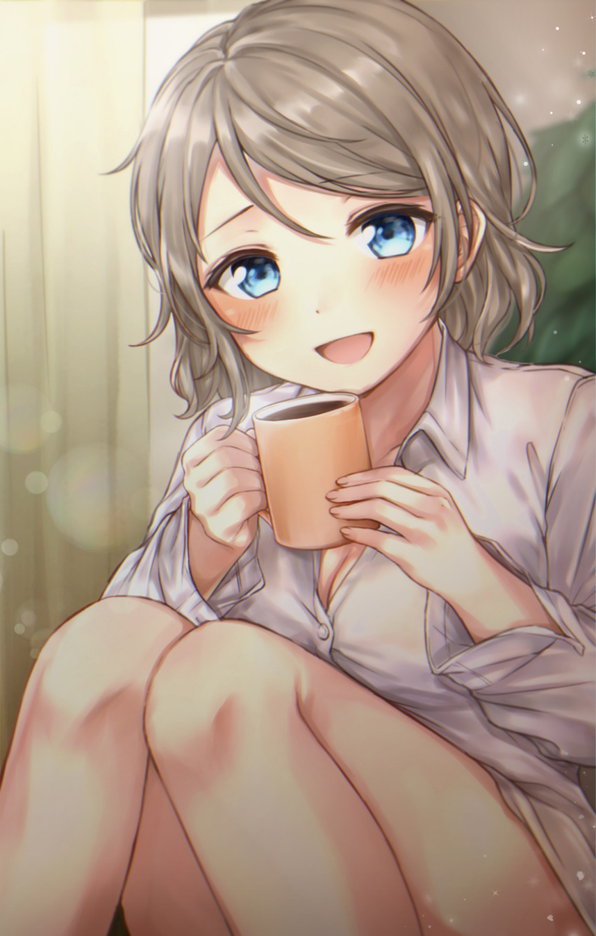 1girl :d bangs bare_legs blue_eyes breasts brown_hair cleavage coffee coffee_mug collared_shirt cup curtains dress_shirt eyebrows_visible_through_hair feet_out_of_frame grey_shirt highres holding holding_cup indoors knees_together_feet_apart knees_up long_sleeves looking_at_viewer love_live! love_live!_sunshine!! medium_breasts medium_hair mkzk_nagi mug no_pants open_mouth shirt sitting smile solo sparkle swept_bangs watanabe_you wing_collar