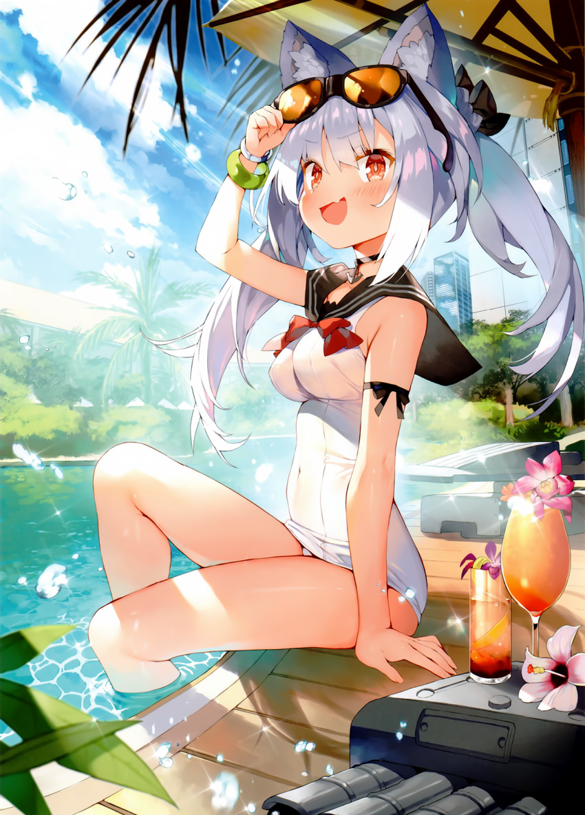&gt;:d 1girl adapted_costume arm_at_side arm_ribbon arm_support arm_up azur_lane bangle bangs black_ribbon black_sailor_collar blue_sky blush bracelet breasts bright_pupils brown_eyes choker cityscape clouds covered_navel cropped cup day eyebrows_visible_through_hair eyewear_on_head fang flower hand_on_eyewear highres impossible_clothes impossible_swimsuit jewelry knee_up light_rays long_hair looking_at_viewer matsui_hiroaki medium_breasts official_art one-piece_swimsuit open_mouth outdoors palm_tree pool poolside ribbon sailor_collar scan school_swimsuit sidelocks silver_hair sitting sky smile soaking_feet solo sparkle sunglasses sunlight swimsuit tree tropical_drink twintails water white_school_swimsuit white_swimsuit yukikaze_(azur_lane)