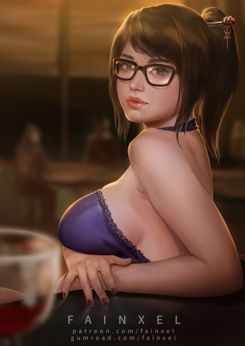 1girl alcohol artist_name backlighting bare_shoulders black-framed_eyewear blurry breast_hold breasts brown_eyes brown_hair cup depth_of_field dress drinking_glass fainxel fingernails formal from_side glasses hair_ornament hair_stick highres indoors lace lace-trimmed_dress leaning_back lips looking_at_viewer medium_breasts mei_(overwatch) nail_polish nose overwatch purple_dress realistic red_lips red_nails reflection short_hair signature sleeveless sleeveless_dress solo watermark web_address wine wine_glass