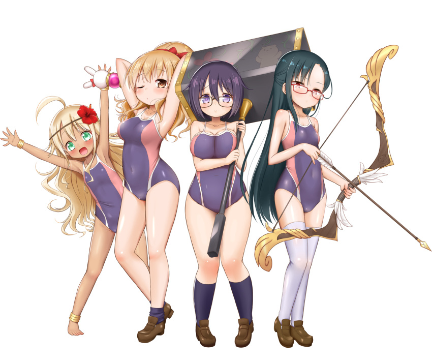 4girls black_hair blonde_hair blush bow_(weapon) breasts brown_eyes competition_swimsuit flower glasses green_eyes hair_flower hair_ornament hammer highres large_breasts looking_at_viewer medium_breasts multiple_girls muu_rian one-piece_swimsuit one_eye_closed original purple_hair red_eyes short_hair small_breasts standing swimsuit tan violet_eyes weapon