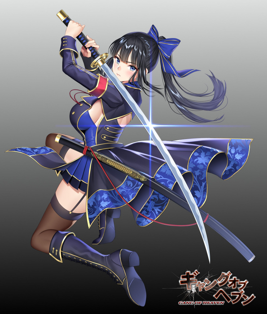1girl armband bangs black_hair black_legwear blue_eyes blush boots bow breasts closed_mouth commentary_request cropped_jacket detached_sleeves eyebrows_visible_through_hair fingernails floral_print full_body gang_of_heaven garter_straps gradient gradient_background hair_bow highres holding holding_sword holding_weapon katana knee_boots kneeling large_breasts logo long_hair long_sleeves looking_at_viewer official_art overskirt pleated_skirt ponytail sheath shimashima08123 shiny shiny_hair shiny_skin sidelocks simple_background skirt solo sword thigh-highs weapon zettai_ryouiki
