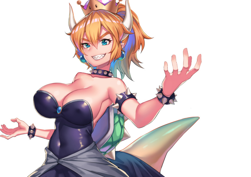&gt;:) 1girl armpits bare_shoulders black_dress blonde_hair blue_brooch blue_earrings blue_eyes bowsette bracelet breasts clenched_teeth collar collarbone covered_navel covered_nipples crown dress earrings eyebrows_visible_through_hair eyelashes grin hair_between_eyes horns hrtyuk jewelry large_breasts looking_at_viewer super_mario_bros. mini_crown new_super_mario_bros._u_deluxe nintendo outstretched_arms pointy_ears ponytail pose sharp_teeth simple_background skin_tight smile spiked_armlet spiked_bracelet spiked_collar spiked_shell spikes spread_arms strapless strapless_dress super_crown tail teeth white_background