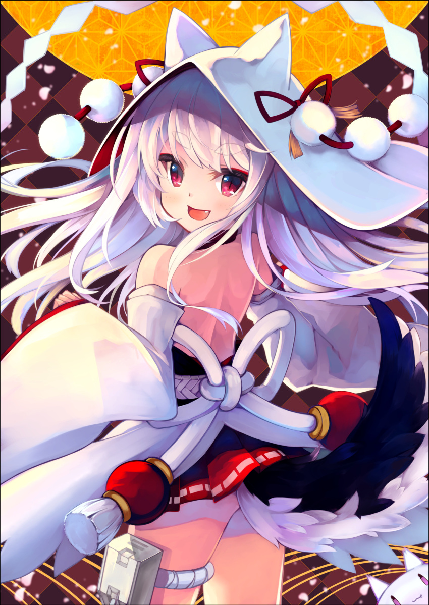 1girl :d absurdres animal_ears argyle argyle_background ass azur_lane backless_outfit bangs bare_back bare_shoulders commentary_request detached_sleeves eyebrows_visible_through_hair fang highres hood hood_up long_hair long_sleeves looking_at_viewer looking_back open_mouth otogi_kyouka pleated_skirt red_eyes red_skirt ribbon-trimmed_skirt ribbon_trim silver_hair skirt sleeves_past_wrists smile solo tail tail_raised very_long_hair wide_sleeves wolf_ears wolf_girl wolf_tail yuudachi_(azur_lane)