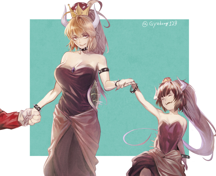 1boy 2girls absurdres bare_shoulders black_dress blonde_hair bowser_jr. bowsette bracelet breasts brown_eyes cleavage closed_eyes collar crown dress genderswap gloves gyudong123 highres horns humanization jewelry long_hair looking_at_viewer male_hand mario super_mario_bros. mother_and_daughter multiple_girls new_super_mario_bros._u_deluxe nintendo open_mouth ponytail sharp_teeth shell simple_background spiked_armlet spiked_bracelet spiked_collar spikes standing studded_bracelet super_crown teeth twitter_username white_gloves