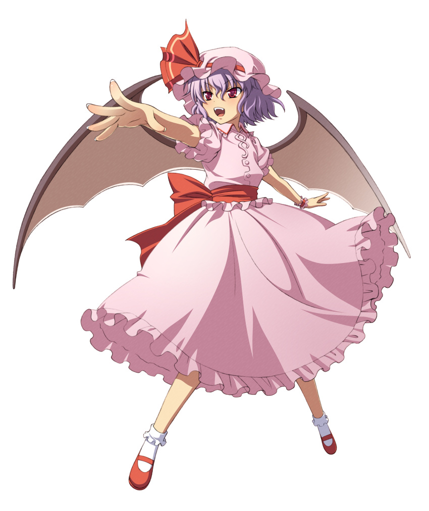 1girl absurdres bat_wings dress full_body hat hat_ribbon highres mary_janes mob_cap official_art open_mouth outstretched_arm pink_dress puffy_sleeves purple_hair red_eyes red_footwear remilia_scarlet ribbon shoes short_hair short_sleeves simple_background socks touhou white_background white_legwear wings