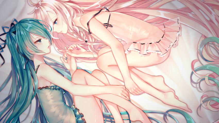 2girls absurdly_long_hair ahoge aqua_hair bare_arms bare_legs bare_shoulders bed_sheet black_ribbon blue_eyes blue_nails blue_ribbon blush braid breasts camisole commentary_request eye_contact fetal_position fingernails frills from_above guri1105 hair_ribbon half-closed_eyes hand_holding hatsune_miku highres ia_(vocaloid) lace long_fingernails long_hair looking_at_another lying multiple_girls nail_polish on_side open_mouth pink_hair pink_lips profile ribbon semi-rimless_eyewear side_braid sideboob single_braid smoke strap_slip twintails under-rim_eyewear very_long_hair vocaloid
