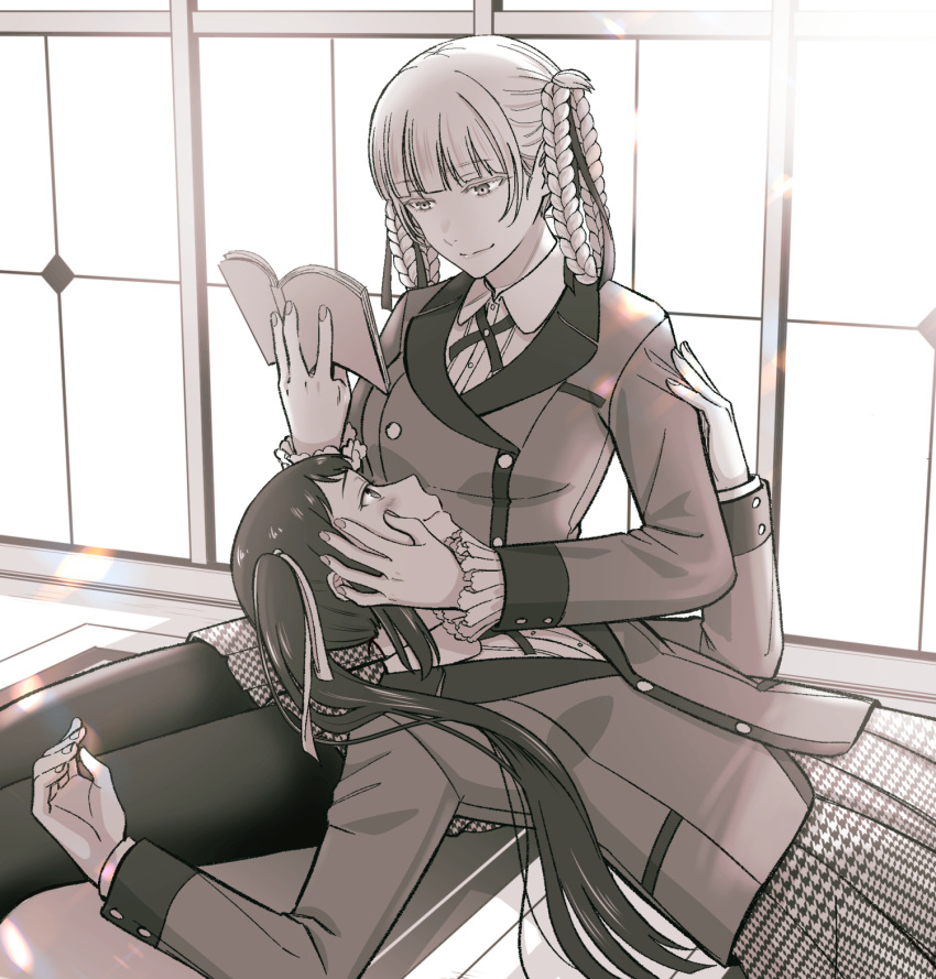 2girls ba_90mushi blush book closed_mouth commentary_request eye_contact eyebrows_visible_through_hair hand_on_another's_cheek hand_on_another's_face highres holding holding_book hyakkaou_academy_uniform igarashi_sayaka kakegurui lap_pillow looking_at_another momobami_kirari multiple_girls sitting yuri