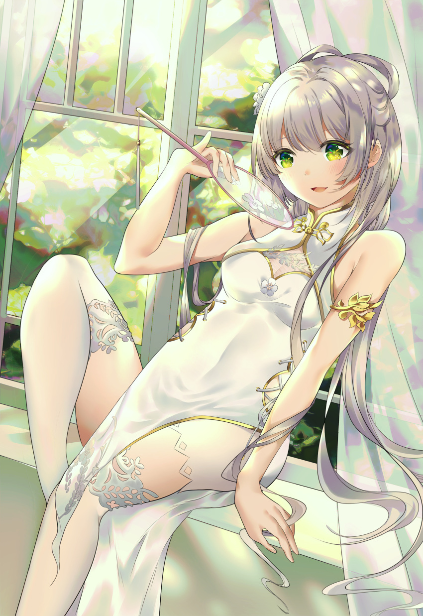 1girl absurdres armlet bangs bare_shoulders blush breasts china_dress chinese_clothes commentary_request covered_navel curtains day dress eyebrows_visible_through_hair fan green_eyes hair_ornament hair_rings highres holding holding_fan indoors knee_up leaning_back long_hair looking_away looking_down luo_tianyi paper_fan pelvic_curtain silver_hair sitting sleeveless sleeveless_dress small_breasts solo thigh-highs uchiwa very_long_hair vocaloid white_dress white_legwear window windowsill xianguang