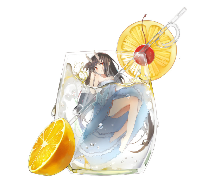 1girl bangs bare_legs barefoot blue_dress blush breasts brown_hair character_request closed_mouth crazy_straw dress drinking_straw eyebrows_visible_through_hair food fruit head_tilt horns in_container kai-ri-sei_million_arthur lemon long_hair looking_at_viewer medium_breasts million_arthur_(series) mitu_yang official_art panties partially_submerged red_eyes solo underwear very_long_hair water white_panties