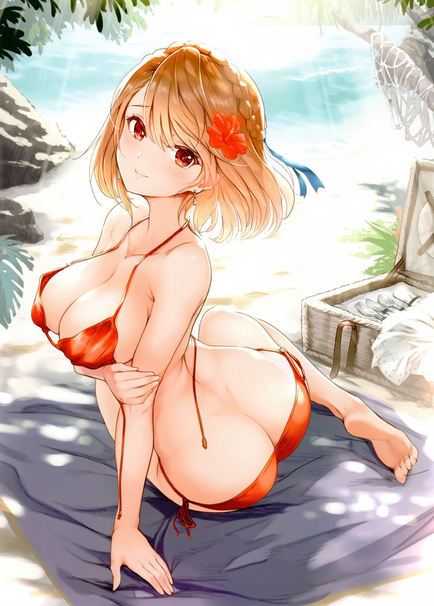 1girl arm_support ass azur_lane backlighting barefoot beach bikini blonde_hair blush braid breast_hold breasts butt_crack cleavage closed_mouth cropped crown_braid dimples_of_venus earrings flower french_braid from_behind full_body hair_flower hair_ornament halterneck hibiscus highres jewelry large_breasts light_brown_hair looking_at_viewer nylon official_art outdoors prince_of_wales_(azur_lane) red_bikini red_eyes scan short_hair side-tie_bikini side_braid sitting smile solo swimsuit twisted_torso untied untied_bikini