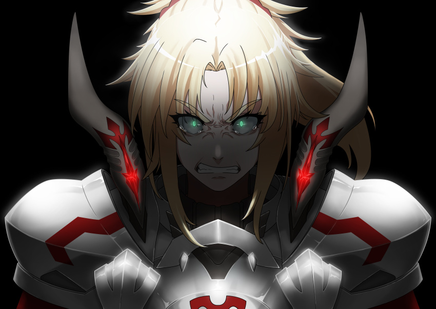 1girl absurdres angry armor black_background blonde_hair eyebrows_visible_through_hair fate/apocrypha fate/grand_order fate_(series) glaring glowing glowing_eyes green_eyes grimace highres matoi92 mordred mordred_(fate) mordred_(fate)_(all) ponytail solo tearing_up teeth upper_body